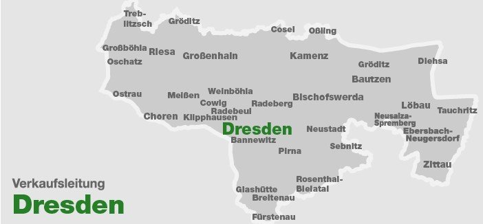 HEIM & HAUS Kartenausschnitt mit den Einzugsgebieten der Verkaufsleitung Dresden