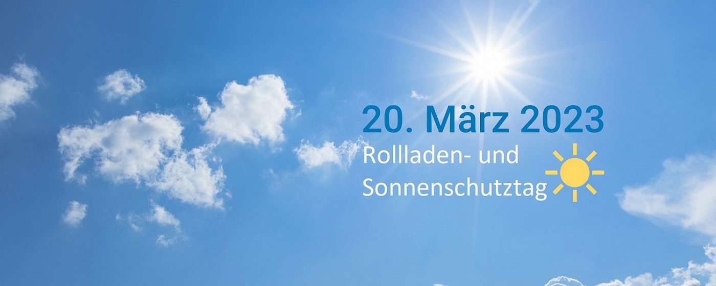 Kampagnenlogo Rollladen- und Sonnenschutztag auf blauem Himmel mit Sonne