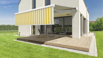 Markisentuch im klassischen Blockstreifen Muster Markisentuch gestreift in gelb und weiß