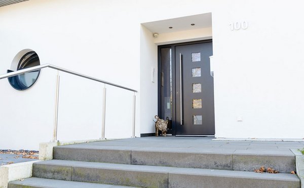 dunkelgraue Haustür in weißer Fassade