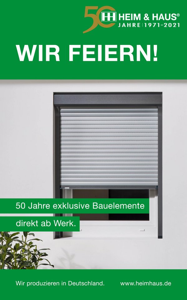 HEIM & HAUS Facebook Titelbild für das 50 jährige Jubiläum mit einem Rollladen