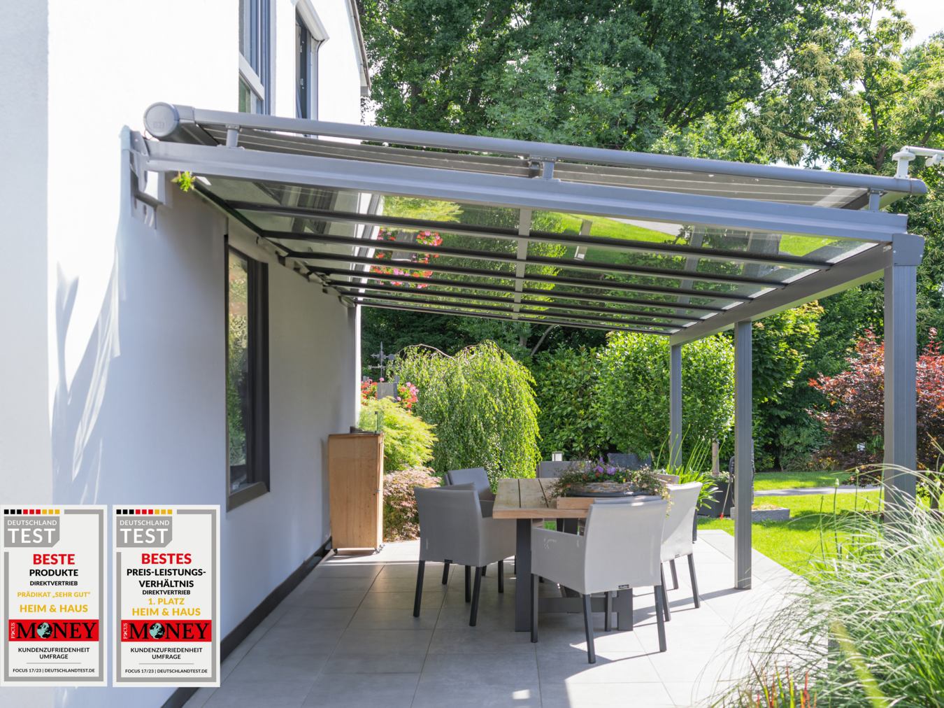 HEIM & HAUS Deutschlandtest Icons auf einem Bild mit einem Terrassendach, welches seitlich fotografiert ist