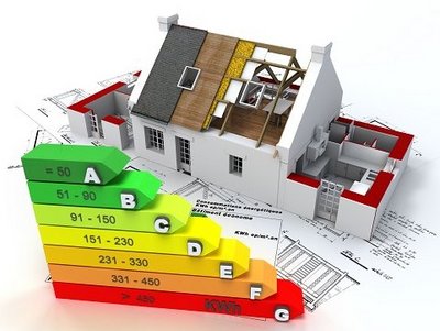 3D-Modell eines sanierten Gebäudes mit Energieeffizienz-Bewertung